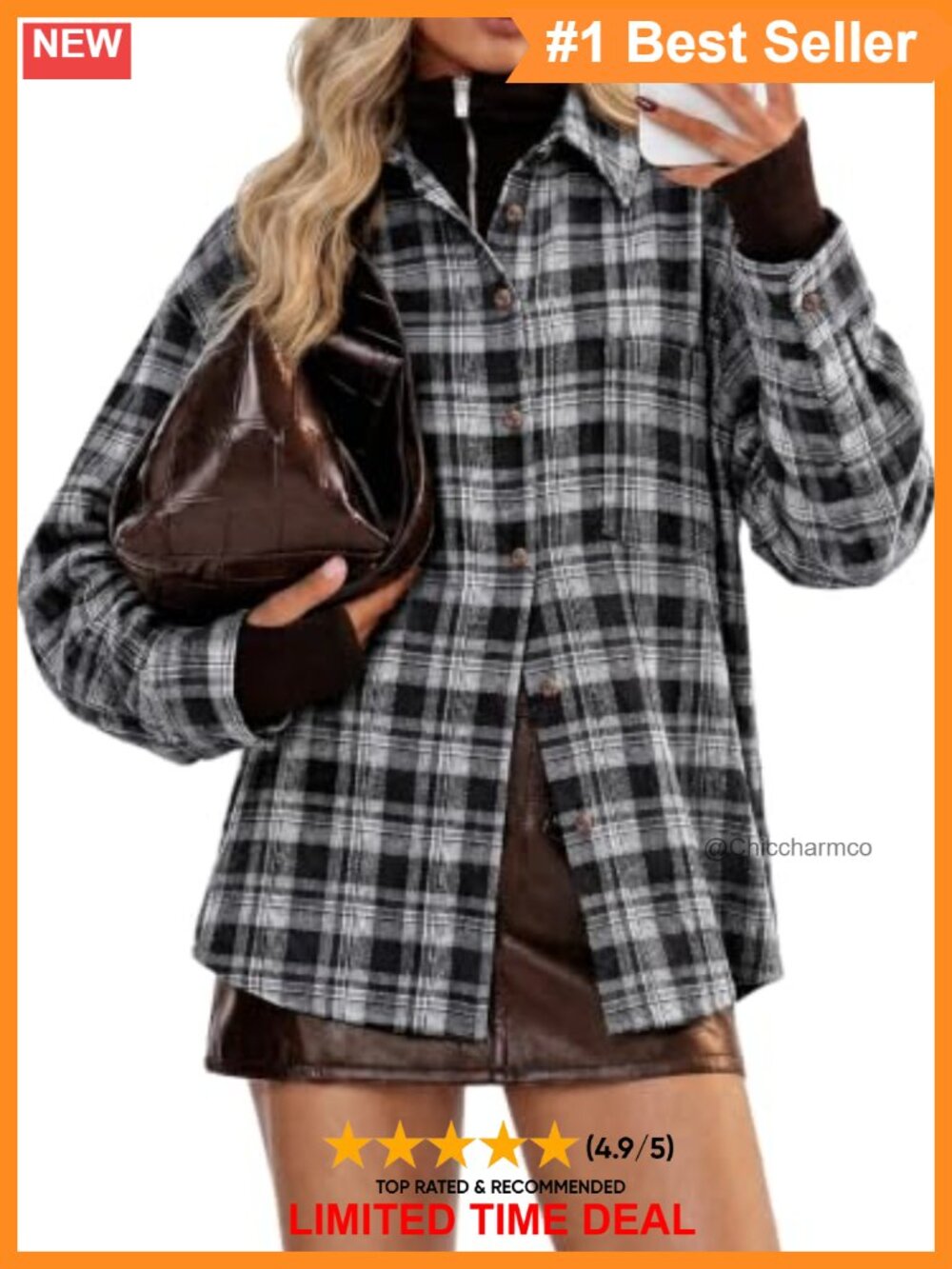 Plaid Button Down Shirt Long Sleeve Curved Hem Loose Fit Shacket